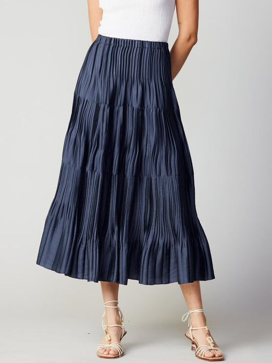 Navy Pleated 3-Tiered Long Skirt