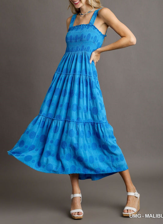 Blue Midi -Dress A-Line Smocked Sleeveless Dress