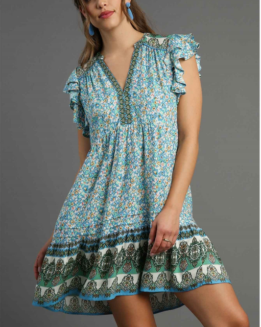 Blue Border Print Mini Dress with PinTuck