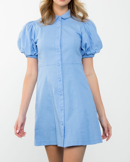 Blue Button Up Dress w Puff Sleeves