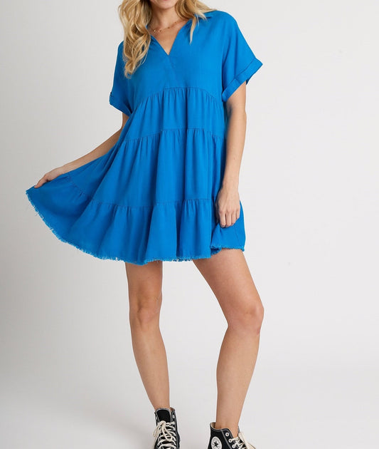 Azure Blue Umgee Dress w Frayed Hem