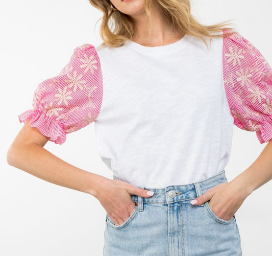 White and Pink Embroidered Striped Sleeve Top-
